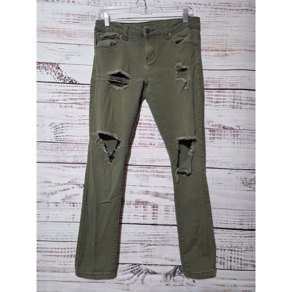 Rue21 Skinny Supreme Flex Distressed Olive Green Jeans Womens 30/30 Ripped Slim